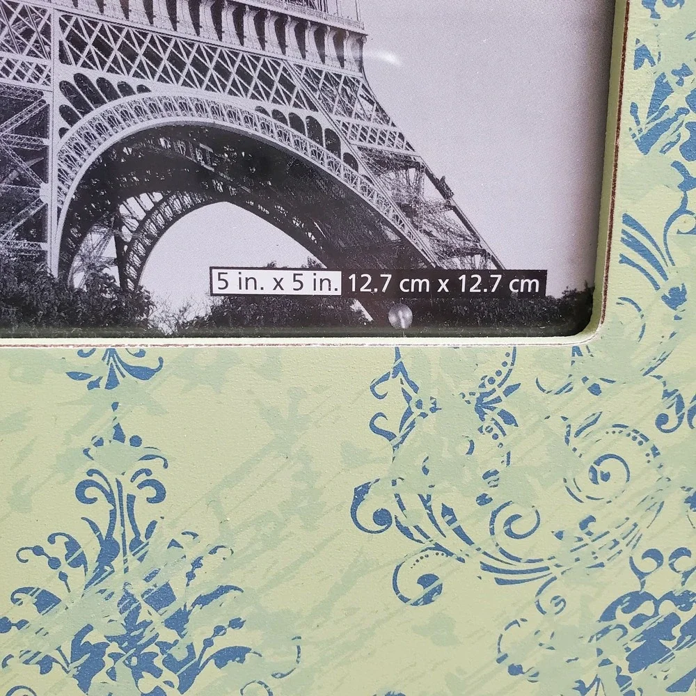 Schurman Lime Green Blue Damask 5x5 Square Picture Frame Tabletop Decor 739057